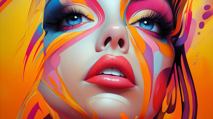 Fototapeta premium A vibrant, artistic portrait featuring bold colors and expressive facial features.