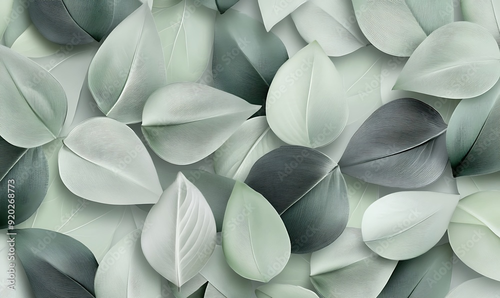 Poster seamless abstract with repetitive leaf motifs in green and grey