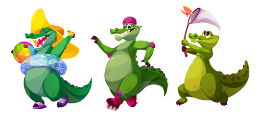 Cute funny alligator cartoon character. Green crocodile mascot catching butterfly with net, roller skating and going to beach or pool in hat and inflatable ring. Big comic friendly animal activity.
