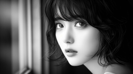 Fototapeta premium Unveiling Inner Worlds, Emotional Depth of an Asian Woman in Black and White