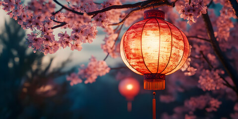 Fototapeta premium Red Lantern Hanging from a Branch with Pink Cherry Blossoms - 3D Illustration