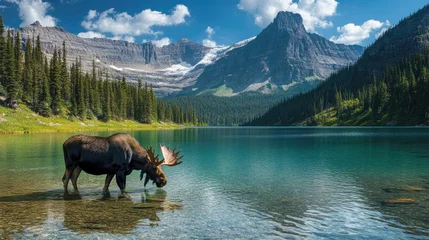 A picturesque scene of a bull moose feeding in a crystal-clear lake, with the rugged beauty of Glacier National Park surrounding it.