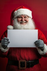 Naklejka premium Image of a chubby, adorable Santa Claus with glasses holding a blank poster in his hands.