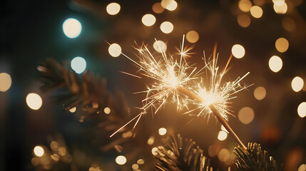 Fototapeta premium Sparkler on Christmas Tree with Bokeh Lights Photo