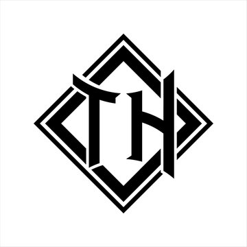 recommend clip art: TH Letter logo with abstract shield shape with square black outline on white background design