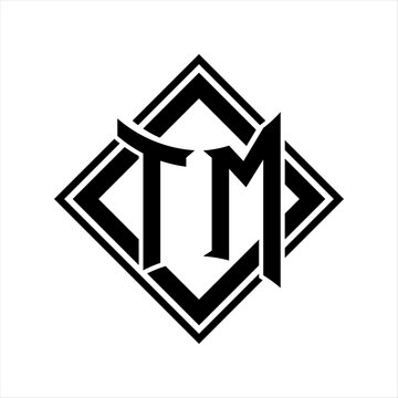 recommend clip art: TM Letter logo with abstract shield shape with square black outline on white background design