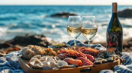 A romantic picnic by the sea, with a variety of seafood, wine, and a blanket, all set against the backdrop of the ocean.
