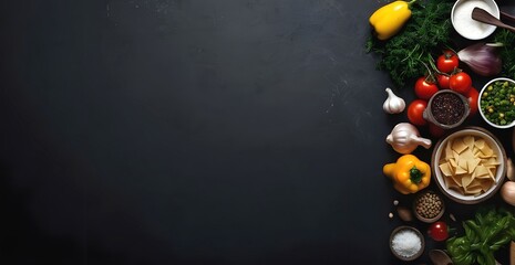 Food and ingredients elements isolated on dark black blank copy space background for food cooking dietary or nutritious content, Culinary arts backdrop for graphic use, menu or event invitation card