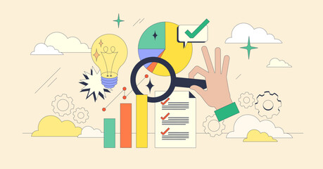 Market research and business data report tiny person neubrutalism concept. Financial growth and development showed in increasing graphics with upward financial trend vector illustration. Sale review.