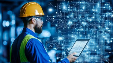 A worker in a hard hat uses a tablet, surrounded by digital technology and data, symbolizing innovation in engineering.