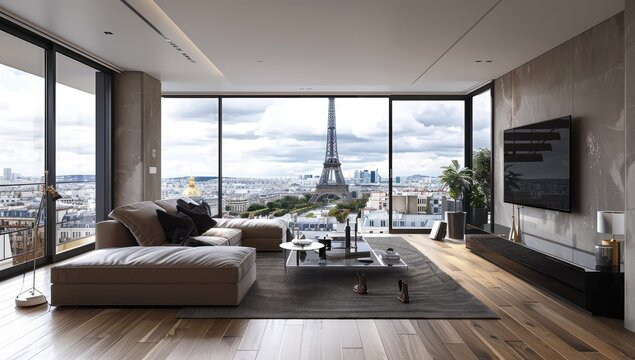 Modern Living Room with Eiffel Tower View