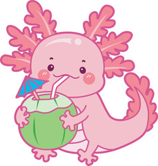 Illustration of cute axolotl activities icon.
Funny pink axolotl in daily routine stickers.
