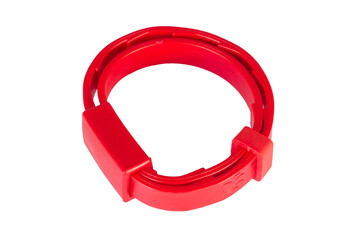 Red anti-flea collar for cats on a white background. Pet collar.