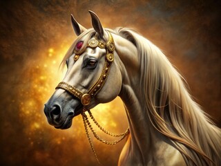 Fototapeta premium Majestic Arabian horse's head in profile, adorned with regal crest, set against a golden background, conveying elegance, nobility, and refined sophistication.