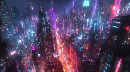 Obraz premium A vibrant, futuristic city bathed in colorful lights, with towering structures and advanced technology.