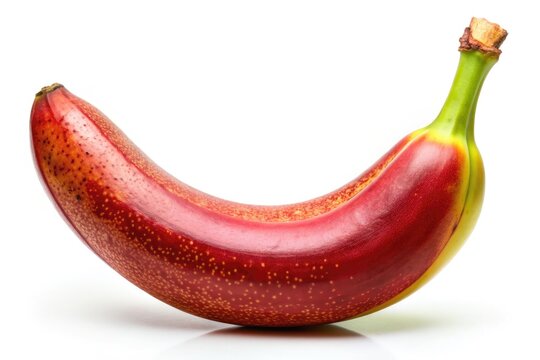 Vibrant red banana with slight green undertones stands upright on a white background, its smooth skin showcasing a few brown spots and gentle curves.