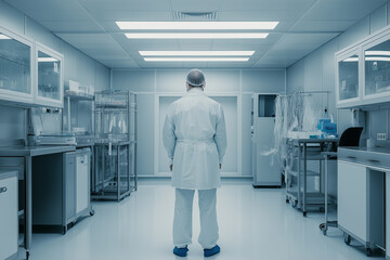 A scientist standing in a sterile, modern laboratory, facing away, symbolizing research and innovation.