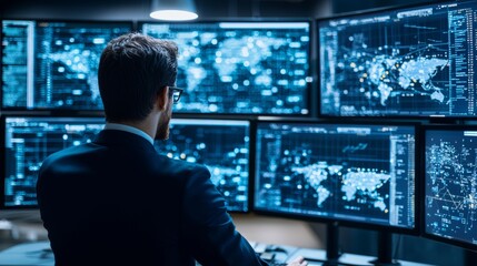 Businessman analyzing global data on multiple screens in a modern control room, showcasing technology and analytics.