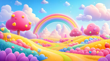 A vibrant, whimsical landscape with colorful trees, hills, and a rainbow.