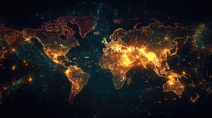 A visual of a global network map illustrating AI-powered recycling and waste management processes, with data points lighting up across continents.