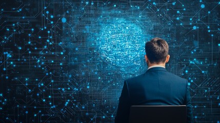 Businessman analyzing digital data on a futuristic interface, showcasing technology, innovation, and virtual connections.