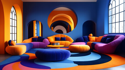 A vibrant living room featuring colorful furniture and bold design elements.