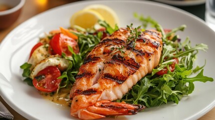A well-cooked seafood entre served with a side of salad, perfect for a wholesome lunch or dinner.