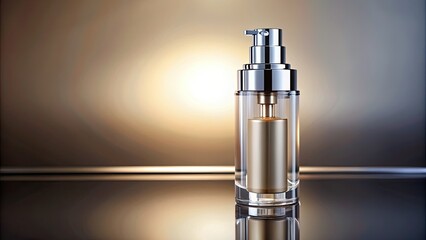 A luxurious cosmetic pump bottle stands upright on a sleek surface, its transparent body showcasing a rich, creamy formula and elegant silver accents.