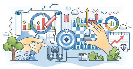 Fototapeta premium Competitive analysis with business marketing research outline hands concept. Company strategy for development and growth with effective tactics vector illustration. Future market profit forecasting.