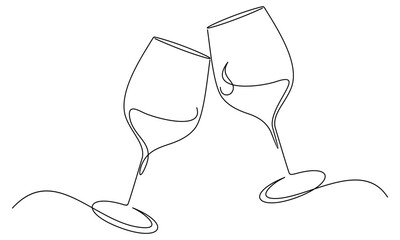Wine Glass Cheers line art style. New year party vector elements.