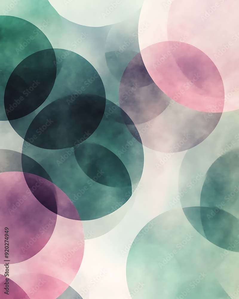 Poster seamless abstract with overlapping circles grid in green, grey, and pink