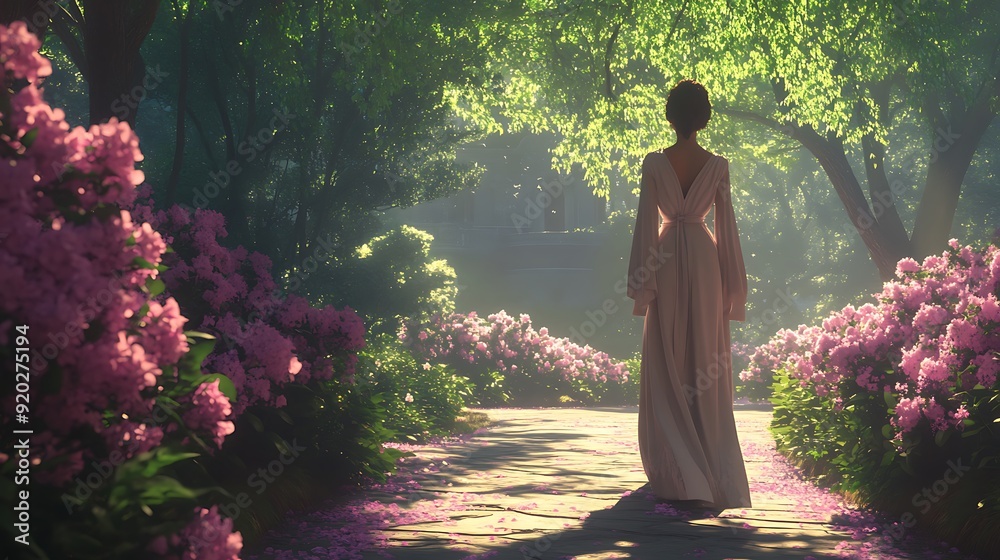 Wall mural Woman in White Dress Walking Through a Lush Garden Path.