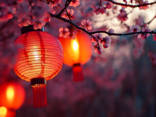 Obraz premium Red Lantern Hanging From Cherry Blossom Tree - Photography