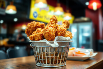 Golden, crispy fried chicken in a bucket, showcasing a delicious and classic fast-food favorite.
