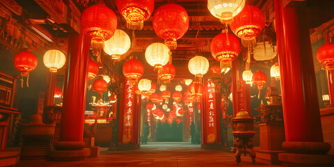 Fototapeta premium Red Lanterns in a Chinese Temple Illustration