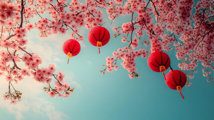 Obraz premium Red Lanterns Hanging From Pink Cherry Blossoms Photo