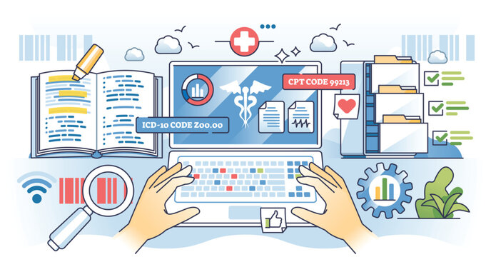 Medical coding training and healthcare billing coder studies outline hands concept. Learning CPT and ICD alphanumeric codes for clinical procedures, treatments and diagnosis vector illustration.