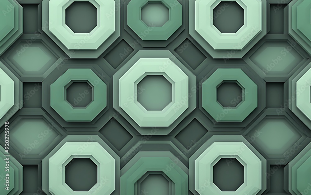 Poster Seamless Abstract with Concentric Hexagons in Green and Grey