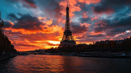 Obraz premium The iconic Eiffel Tower at sunset, framed by a sky filled with rich, warm colors as evening descends on Paris.