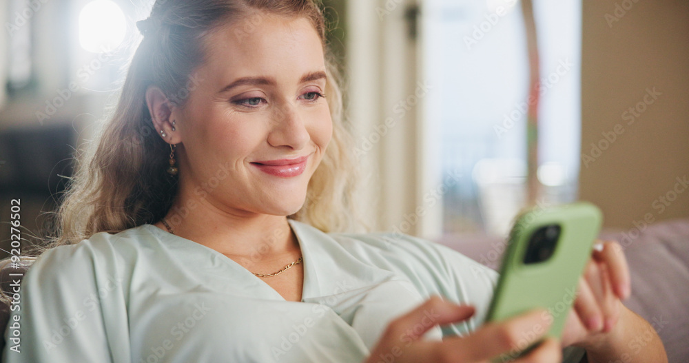 Poster sofa, smile and woman with smartphone for scroll, chat and text message for plans with online contac