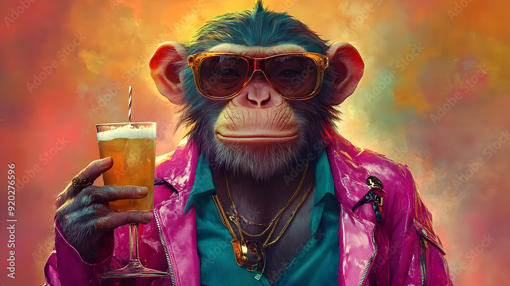 Wall mural a stylish monkey in sunglasses holds a drink, exuding a vibrant, playful vibe.