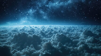Obraz premium The majesty of a night flight over clouds, with the vastness of the night sky filled with stars above.