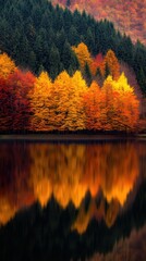 Obraz premium A serene autumn equinox scene features a small lake encircled by trees in vibrant fall colors, their reflections beautifully mirrored in the water.