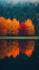 Obraz premium A serene autumn equinox scene features a small lake encircled by trees in vibrant fall colors, their reflections beautifully mirrored in the water.