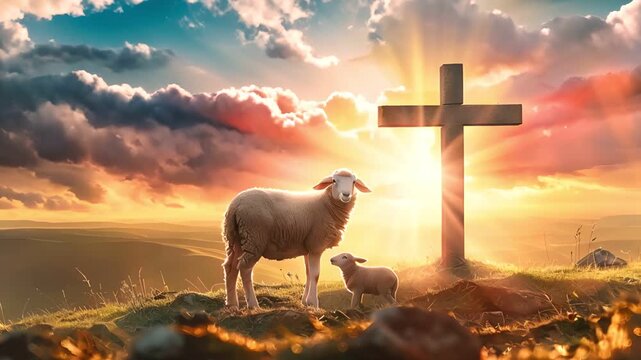 A sheep and lamb stand before a wooden cross silhouetted against a fiery sunset.