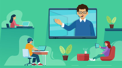 Vector Illustration of Lecturers Teach Online While Students Study From Their Place Using Laptops. Perfect For Online Education, Webinar, Meeting Online, Online Course, Training, Seminar.
