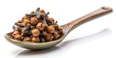 Obraz premium A delicate spoon cradles a single, fragrant clove bud, its reddish-brown color and intricate texture beautifully showcased against a clean, creamy white background.