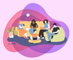 Male and female cartoon characters using laptops, tablet, smartphones. Digital device users spending time together flat vector illustration. Modern technology, internet surfing, public access concept