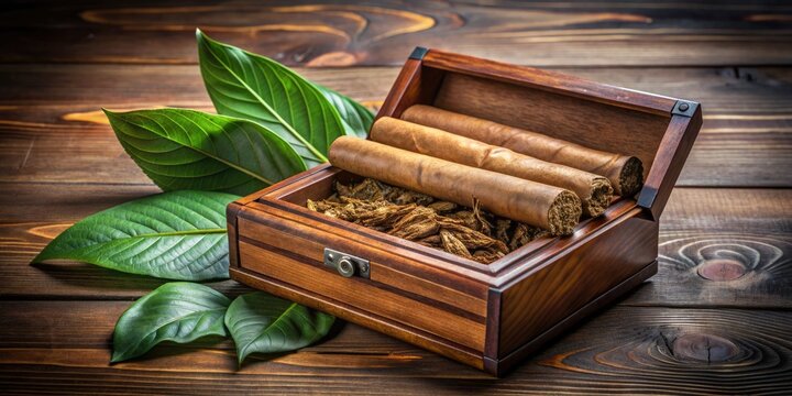 A rustic wooden humidor box with a partially unwrapped premium cigar and a few loose tobacco leaves scattered on a dark, polished wood background.
