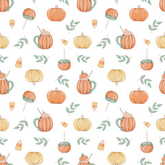 Seamless pattern with pumpkins, mugs and leaves